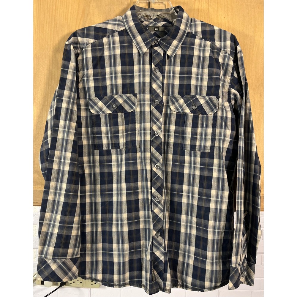 REI Button Down Shirt Men Large Blue Plaid Long Sleeve Cotton Hiking Dobby
